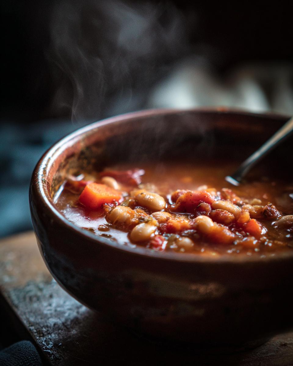 Steaming bowl of Vegan Tomato White Bean Stew with a spoon, showcasing the beans, tomatoes, and broth.