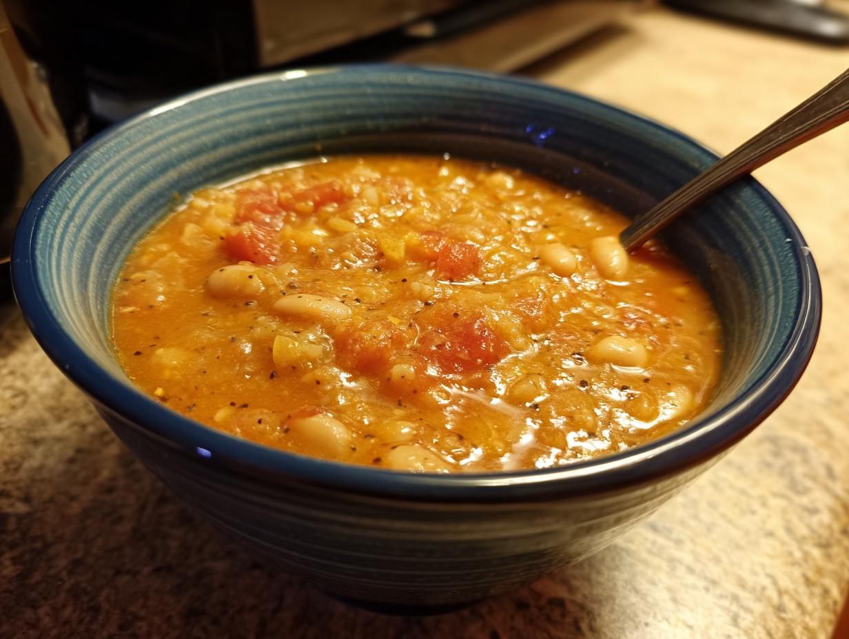 A bowl of Vegan Tomato White Bean Stew with a spoon, showing the texture and ingredients.