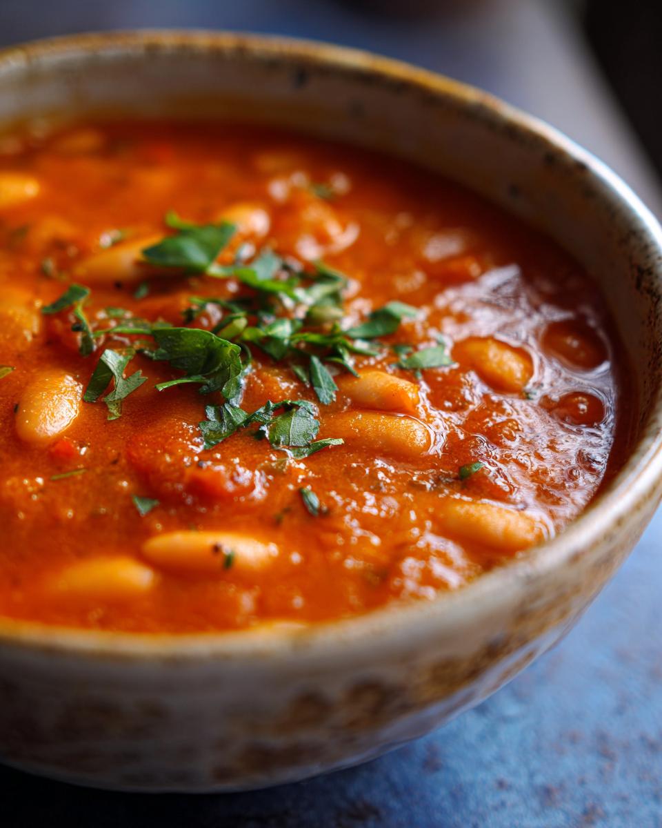 Close-up of Vegan Tomato White Bean Stew in a rustic bowl, garnished with fresh herbs.