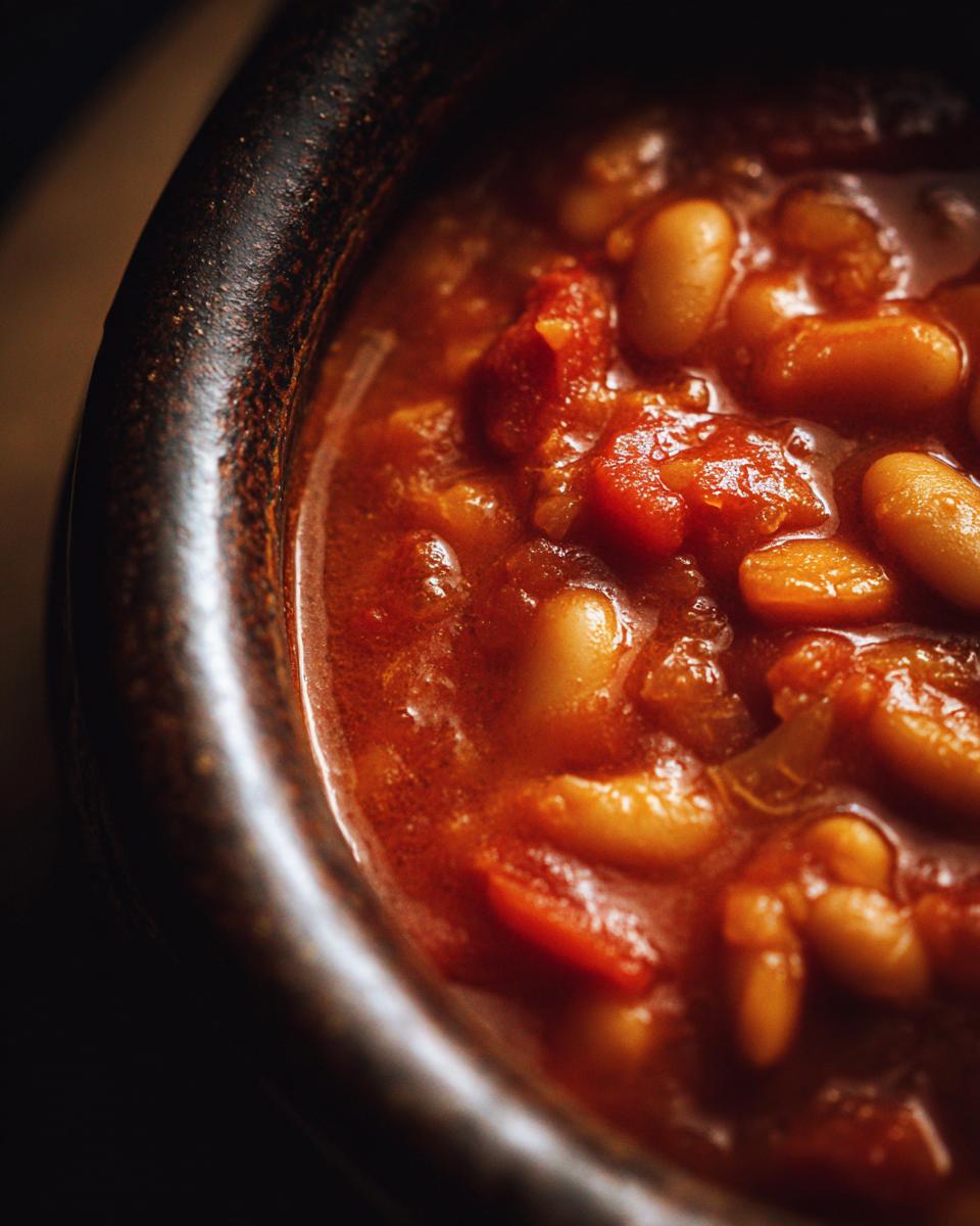 A close-up of Vegan Tomato White Bean Stew in a dark bowl, showcasing the rich tomato sauce and white beans.