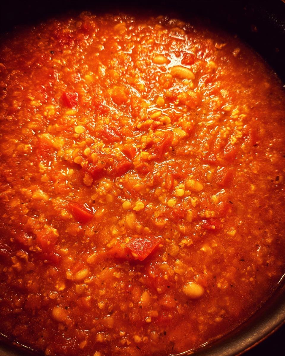 Close-up of Vegan Tomato White Bean Stew simmering in a pot, showcasing tomatoes and white beans.