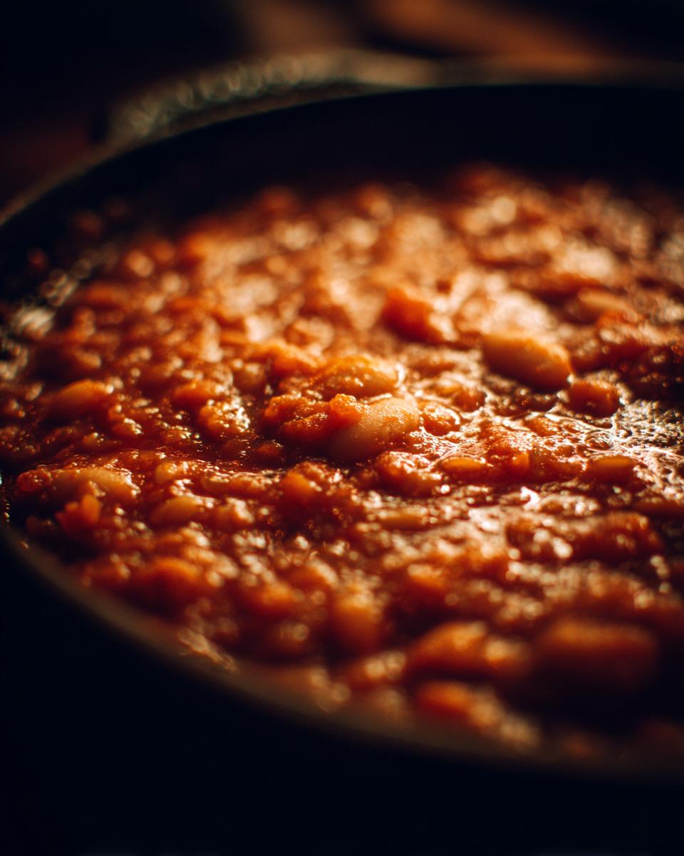 Close-up of Vegan Tomato White Bean Stew simmering in a pot, showing the rich tomato sauce and white beans.