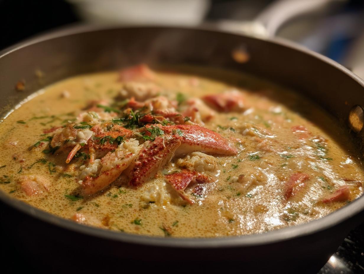 A pan filled with Velvety 1-Pot Cream of Crab Soup, garnished with fresh herbs and crab meat.