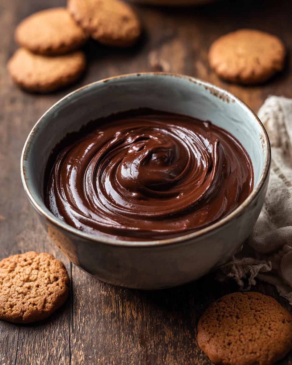 Bowl of Velvety 5-Minute Chocolate Cream Cheese Dip surrounded by cookies on a wooden surface.