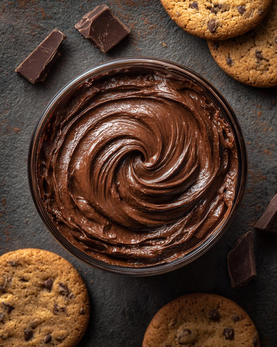 Overhead shot of Velvety 5-Minute Chocolate Cream Cheese Dip in a bowl, surrounded by chocolate chip cookies and chocolate chunks.