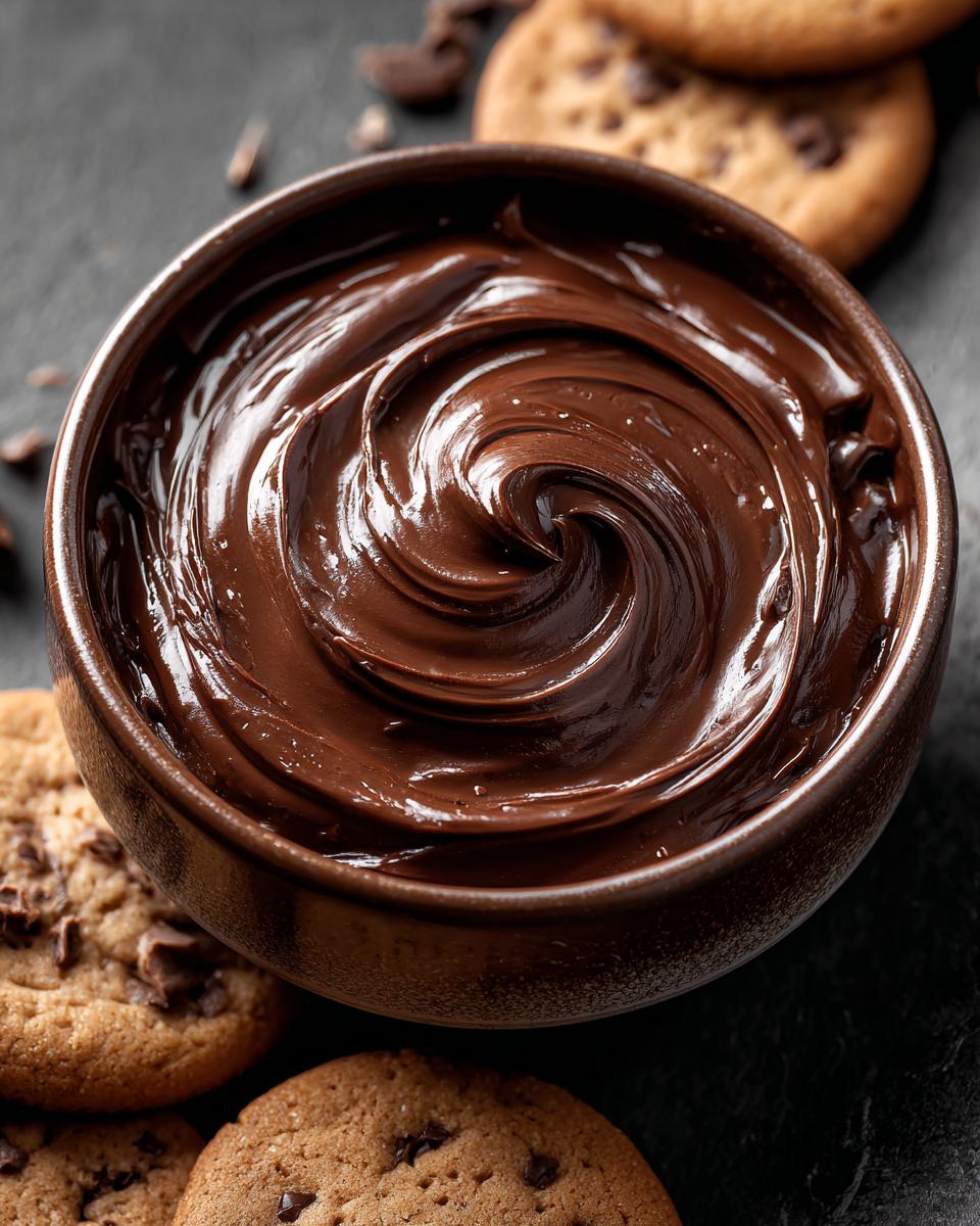 A bowl of Velvety 5-Minute Chocolate Cream Cheese Dip, swirled and glossy, surrounded by chocolate chip cookies.