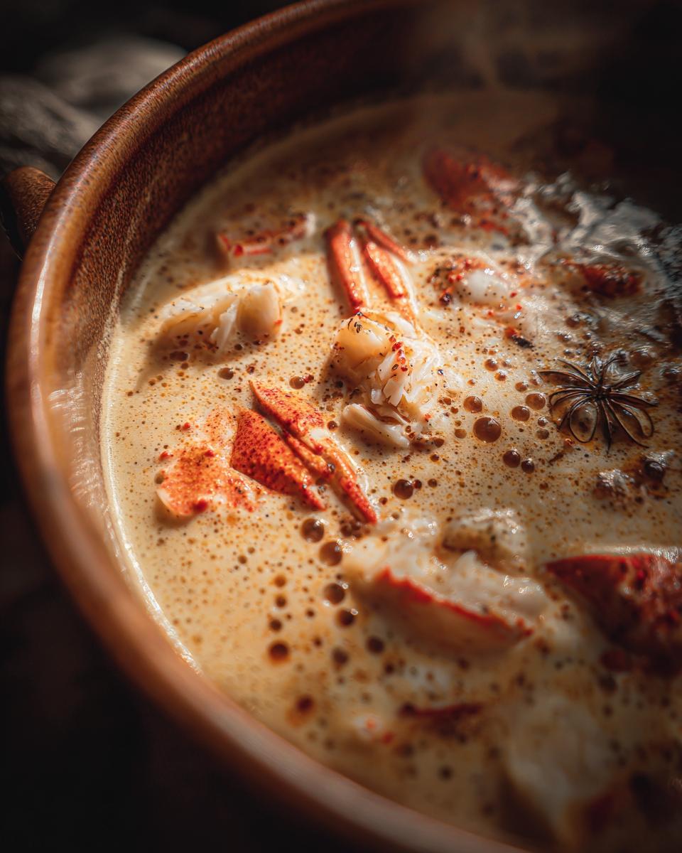 Close-up of Velvety 1-Pot Cream of Crab Soup in a bowl, garnished with crab meat and spices.