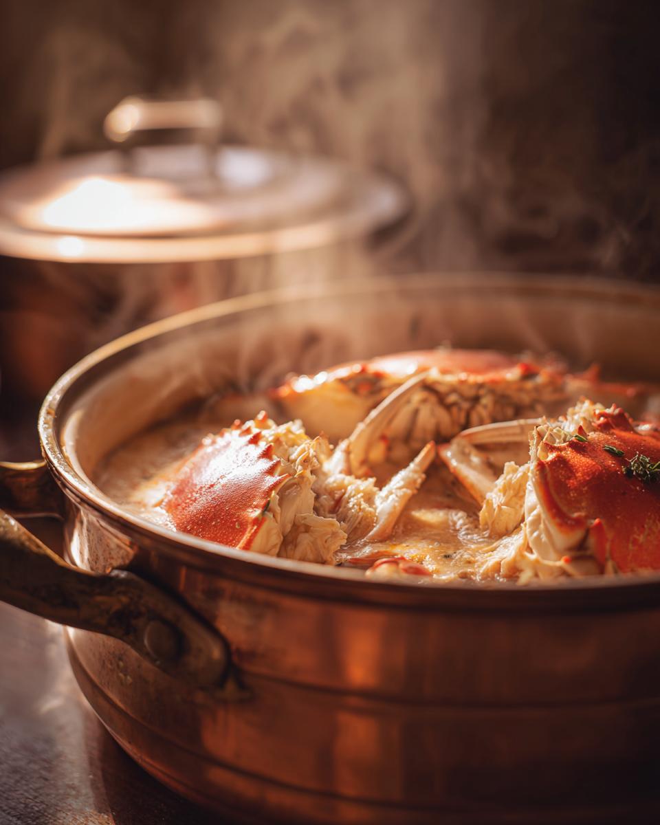 Steaming Velvety 1-Pot Cream of Crab Soup in a copper pot with crab legs and garnish.