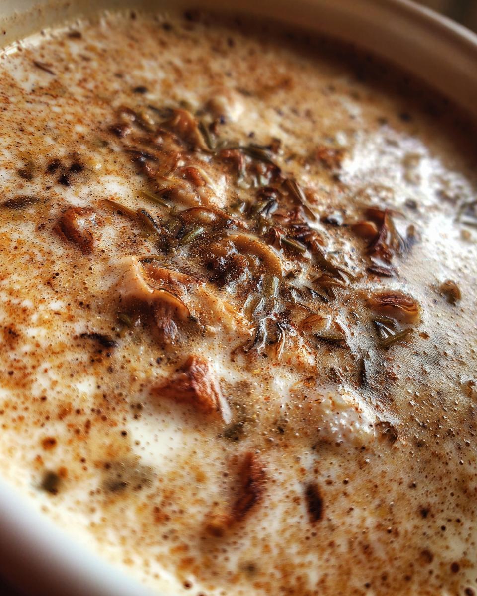 A close-up of Velvety Cream of Crab Soup, showing the creamy texture, crab meat, and herb garnish.