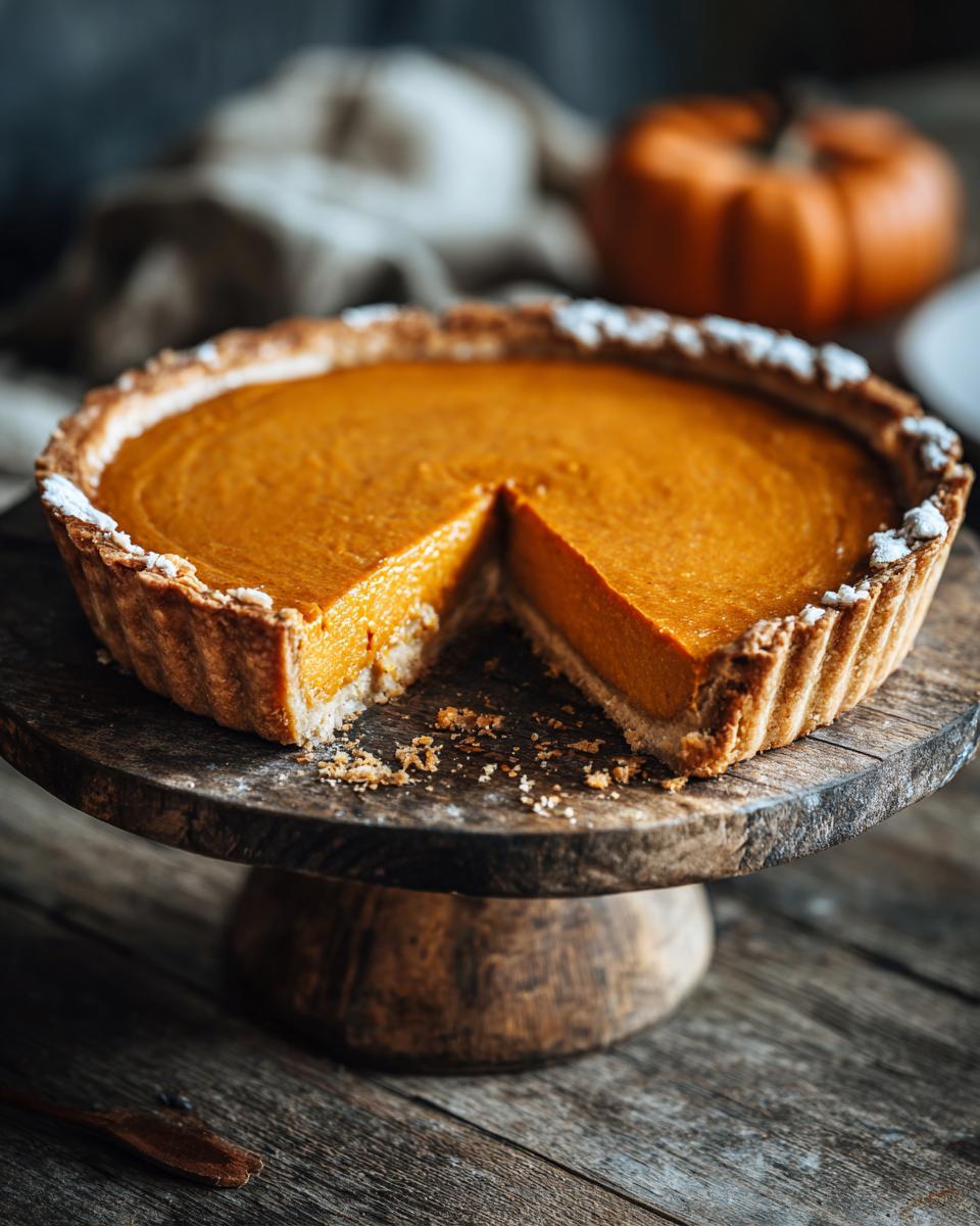 A whole Velvety Southern Sweet Potato Pie with a slice removed, sitting on a rustic wooden cake stand.