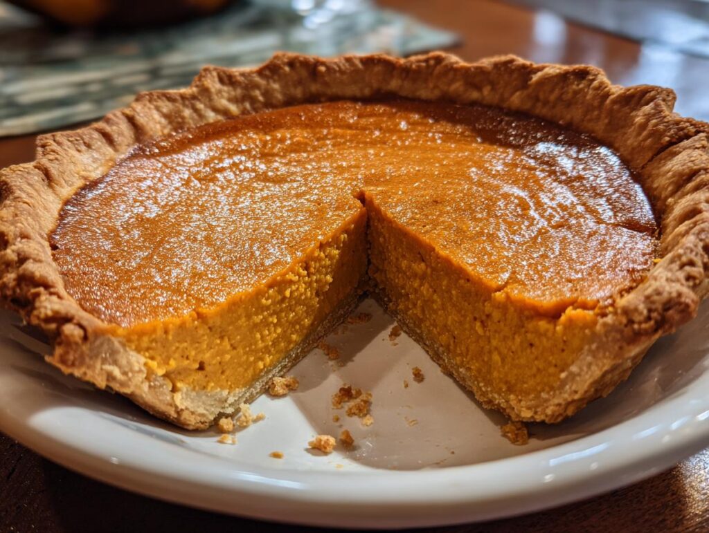 A partially sliced Velvety Southern Sweet Potato Pie with a flaky crust on a white plate.