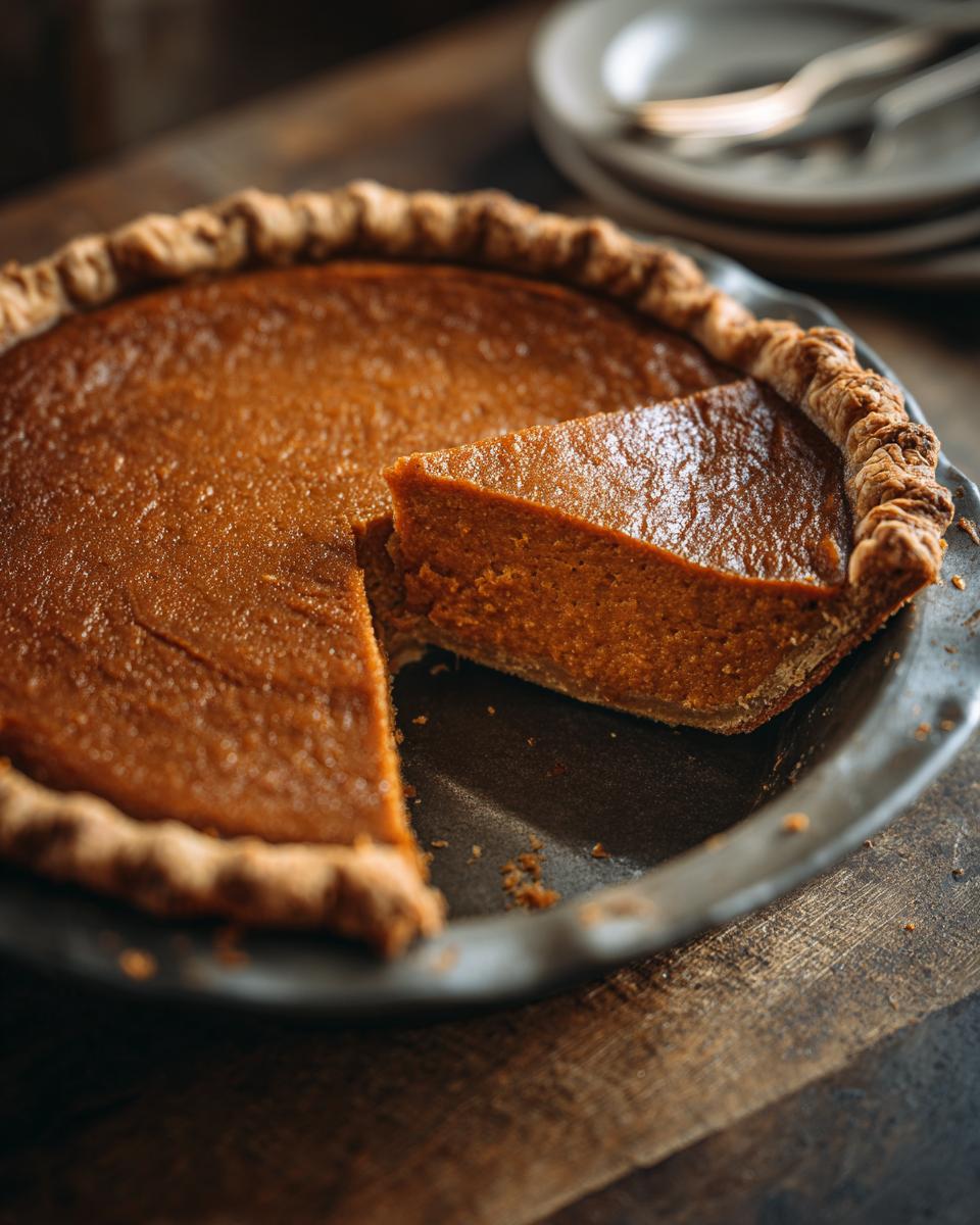 A freshly baked Velvety Southern Sweet Potato Pie with a slice cut out, showcasing its smooth texture and golden crust.