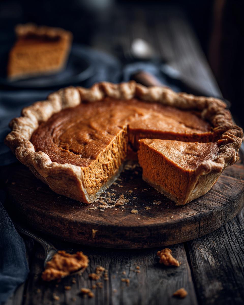 A whole Velvety Southern Sweet Potato Pie with a slice cut out, sitting on a rustic wooden board.
