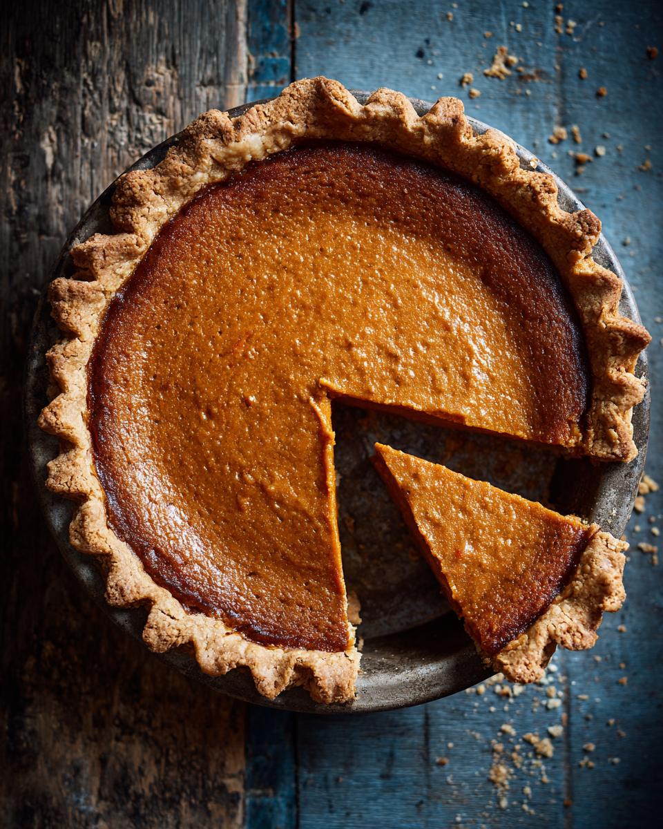 Overhead shot of a Velvety Southern Sweet Potato Pie with a slice removed, showcasing the crust and filling.
