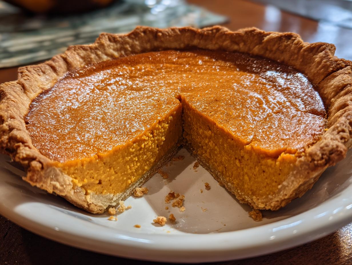 A partially sliced Velvety Southern Sweet Potato Pie with a flaky crust on a white plate.