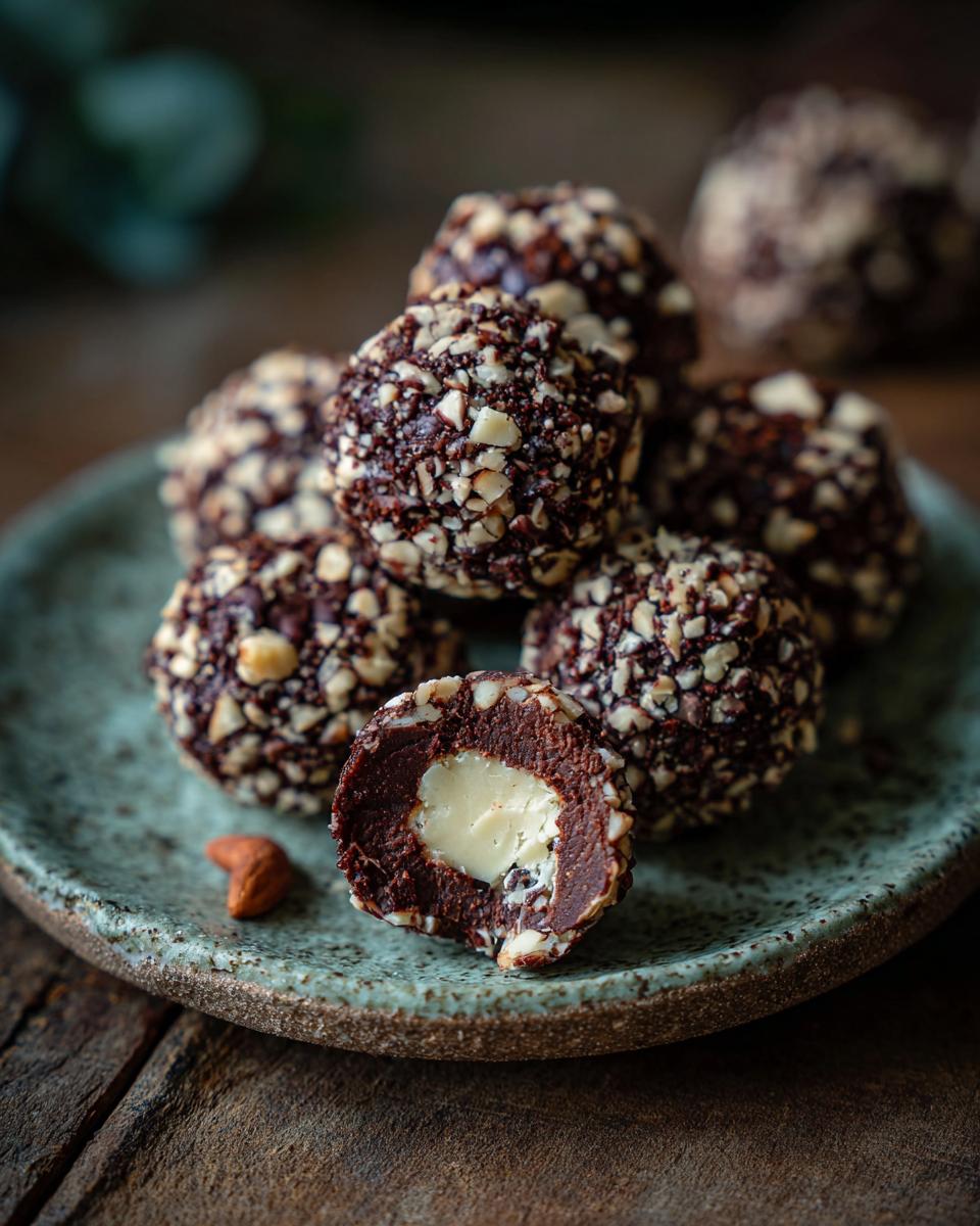 A stack of Viral No-Bake Dubai Chocolate Balls, one cut in half to show the creamy center.