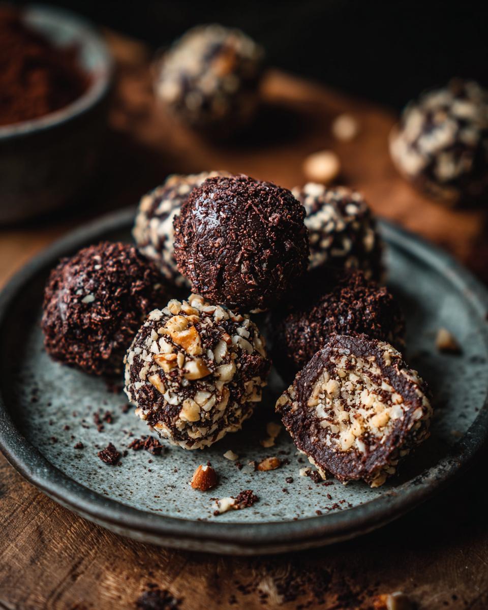 A plate of Viral No-Bake Dubai Chocolate Balls, some covered in cocoa powder and others in chopped nuts.