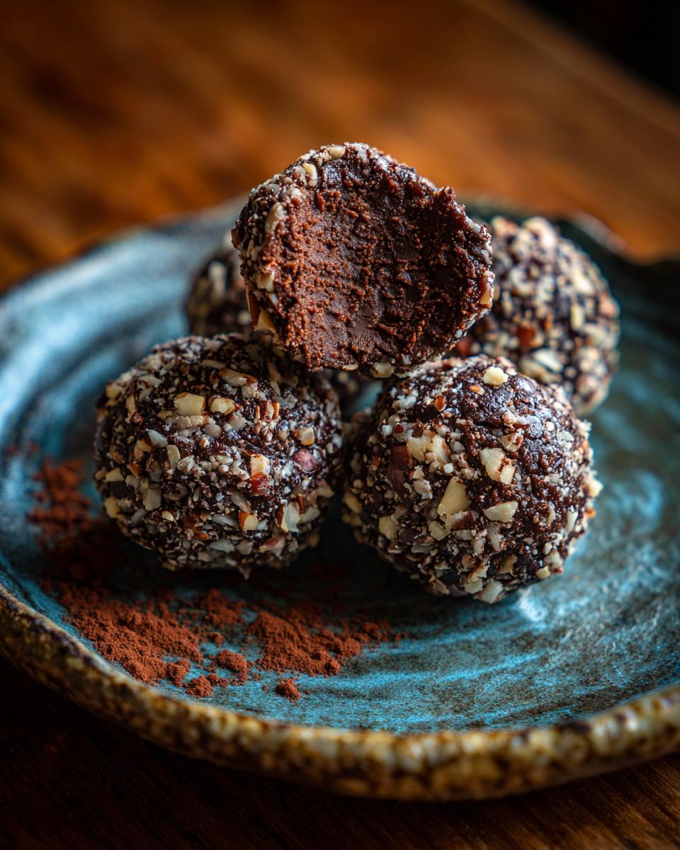 Close-up of Viral No-Bake Dubai Chocolate Balls on a plate, one cut in half to show the inside.
