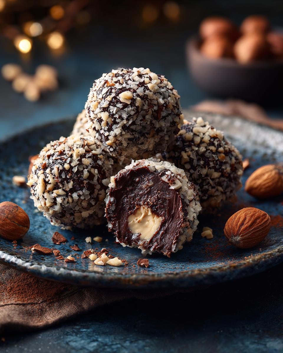 Close-up of Viral No-Bake Dubai Chocolate Balls coated in nuts, with one cut open to reveal a creamy center.