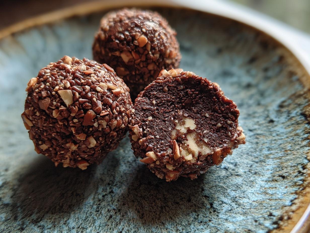 Three Viral No-Bake Dubai Chocolate Balls on a blue plate, one cut in half to show the inside.