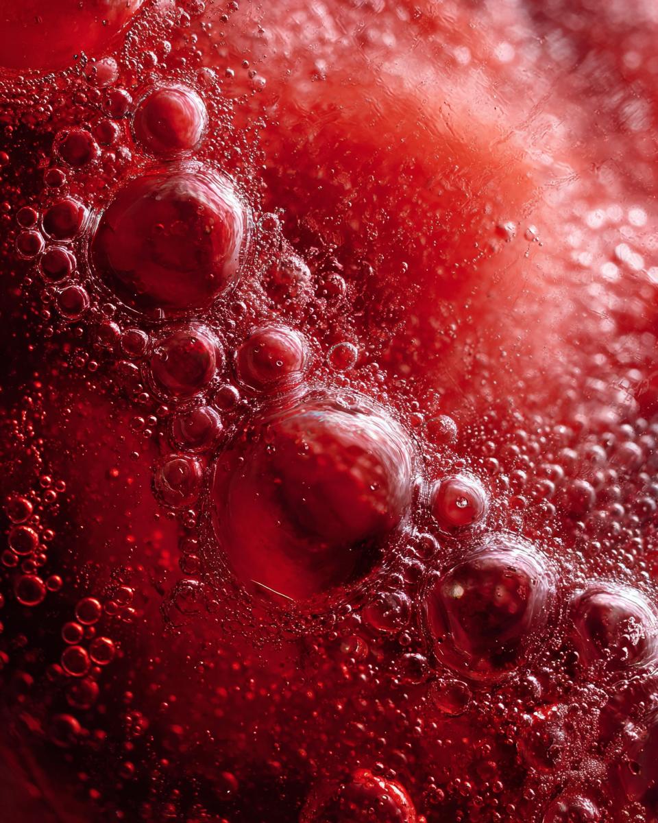 Macro image of The Watermelon Juice showing vibrant red color and interesting bubble formations.