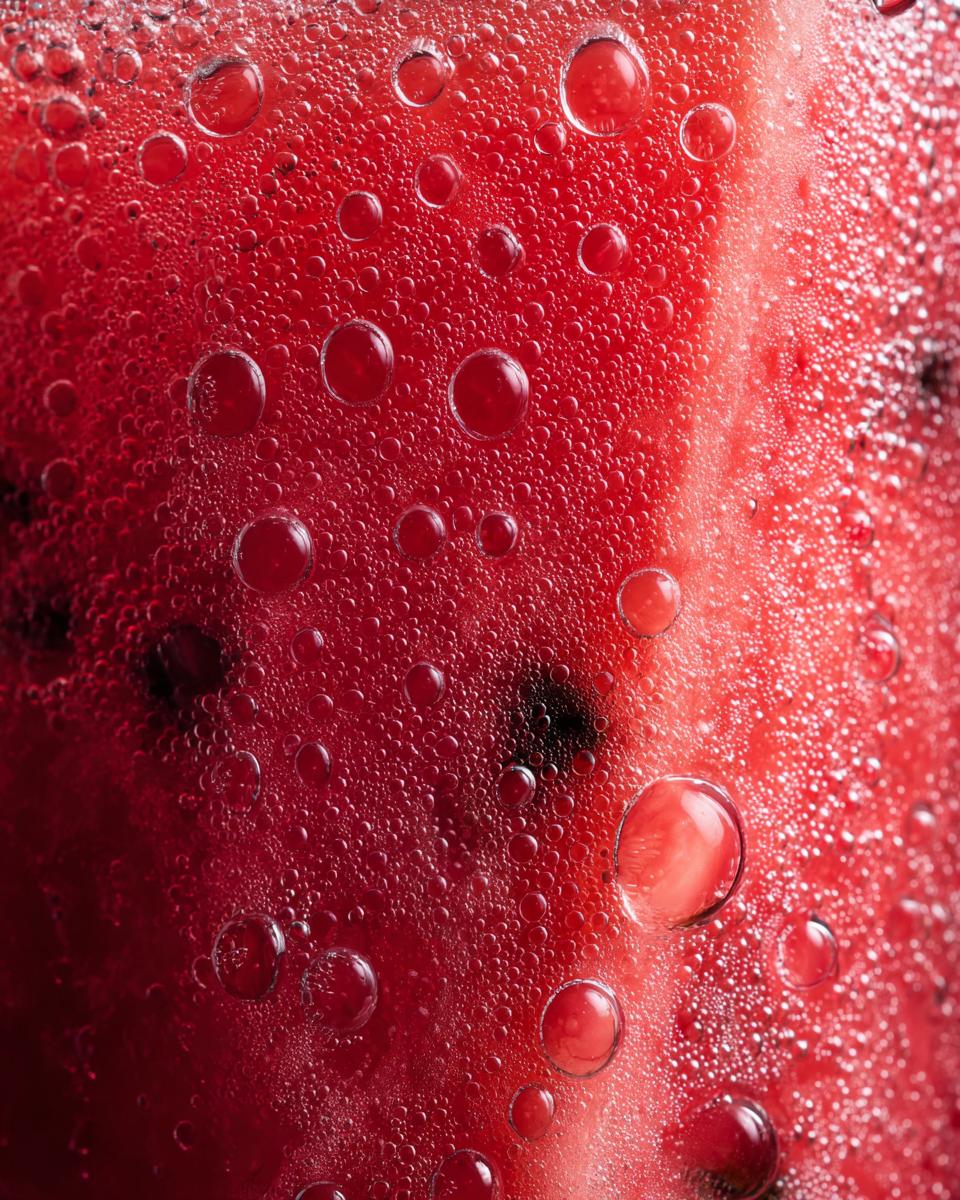 A close-up of The Watermelon Juice, showing condensation and vibrant red color.