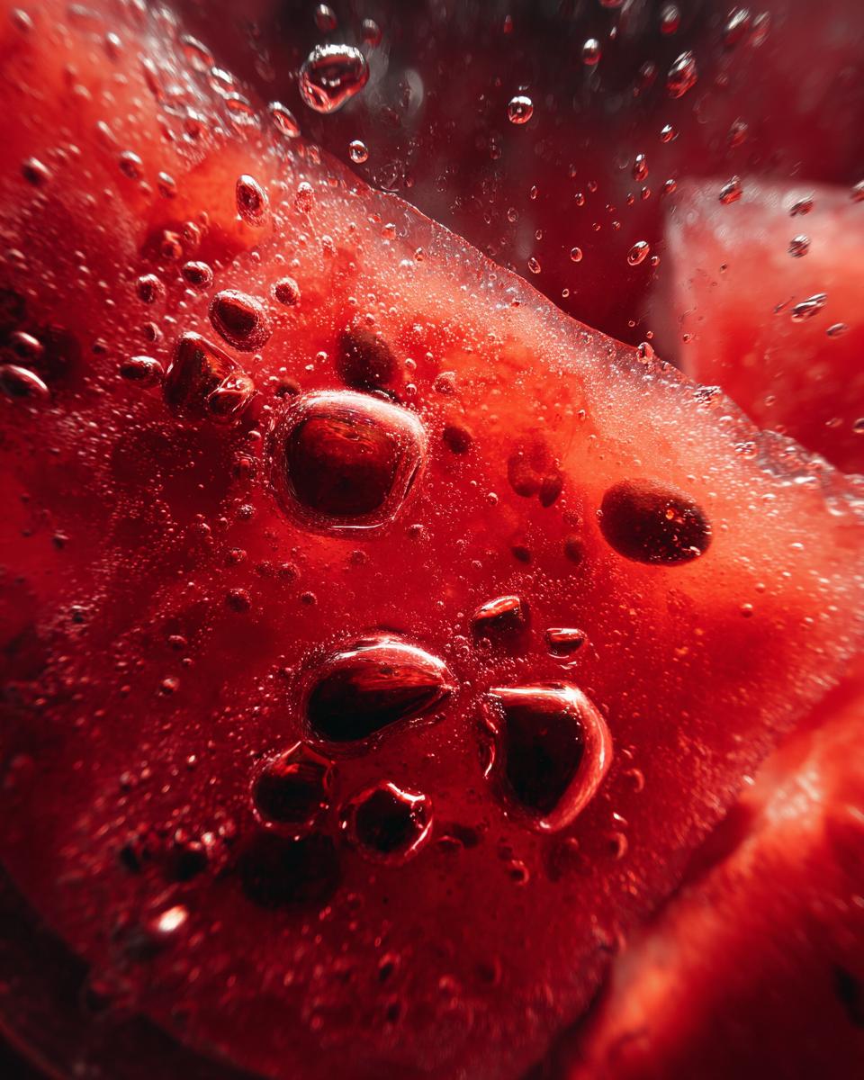 Macro shot of fresh watermelon, showcasing the texture and droplets for The Watermelon Juice recipe.