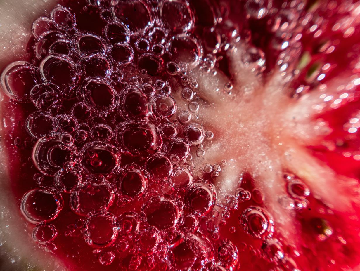 Macro image of The Watermelon Juice, showing vibrant red liquid and bubbles.