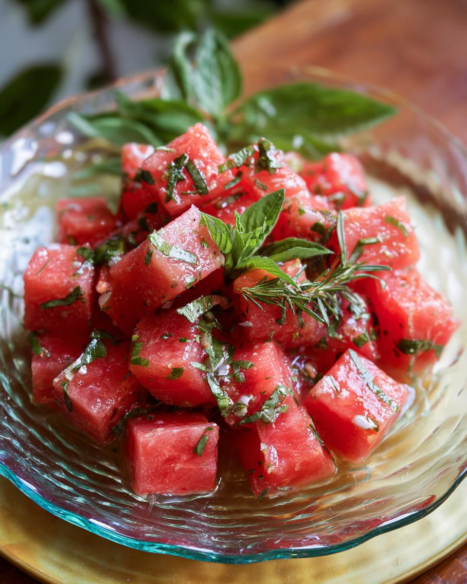 Close-up of vibrant Watermelon Salad in a glass bowl, garnished with fresh basil and mint.