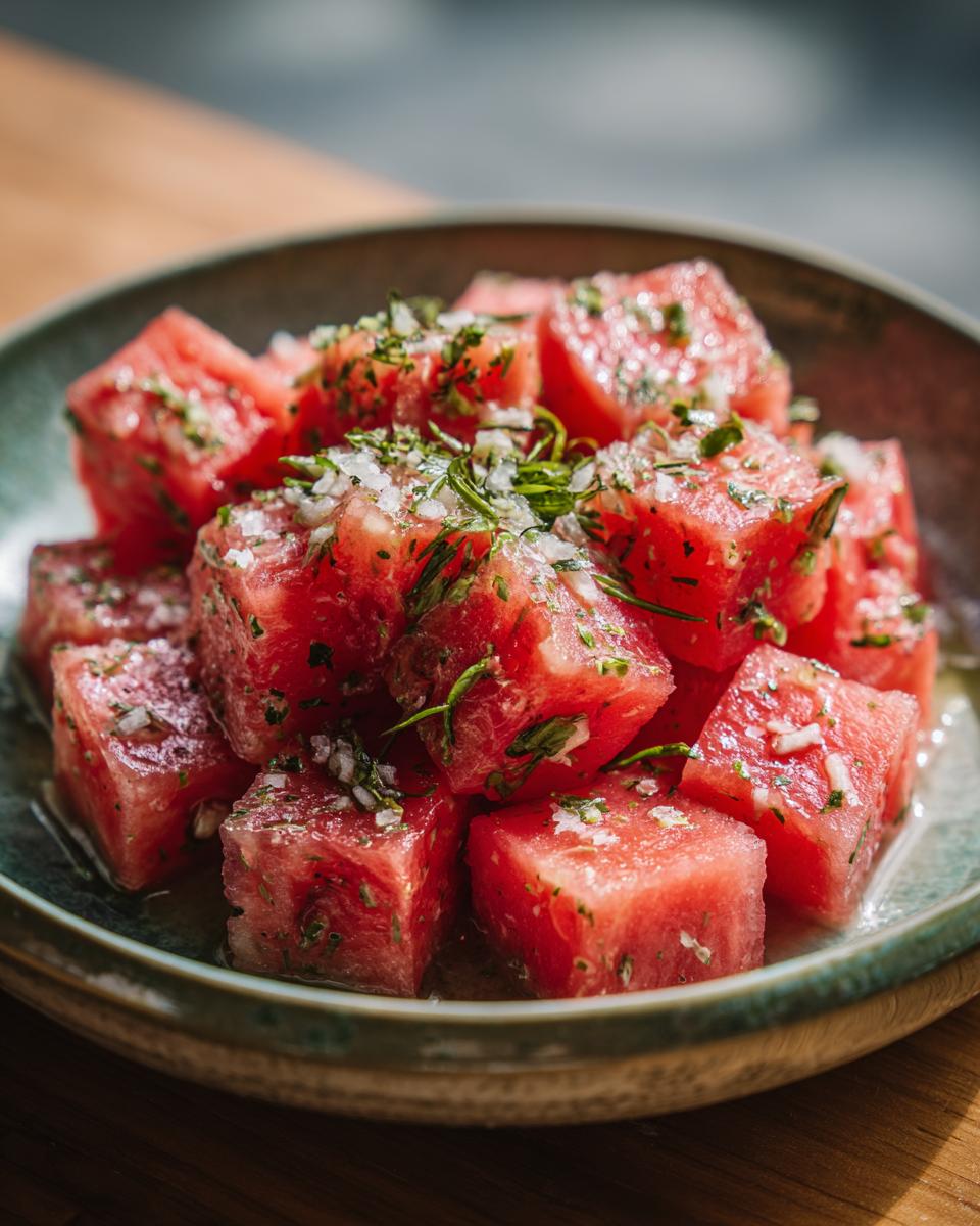 Close-up of Watermelon Salad cubes in a bowl, topped with herbs and seasonings.