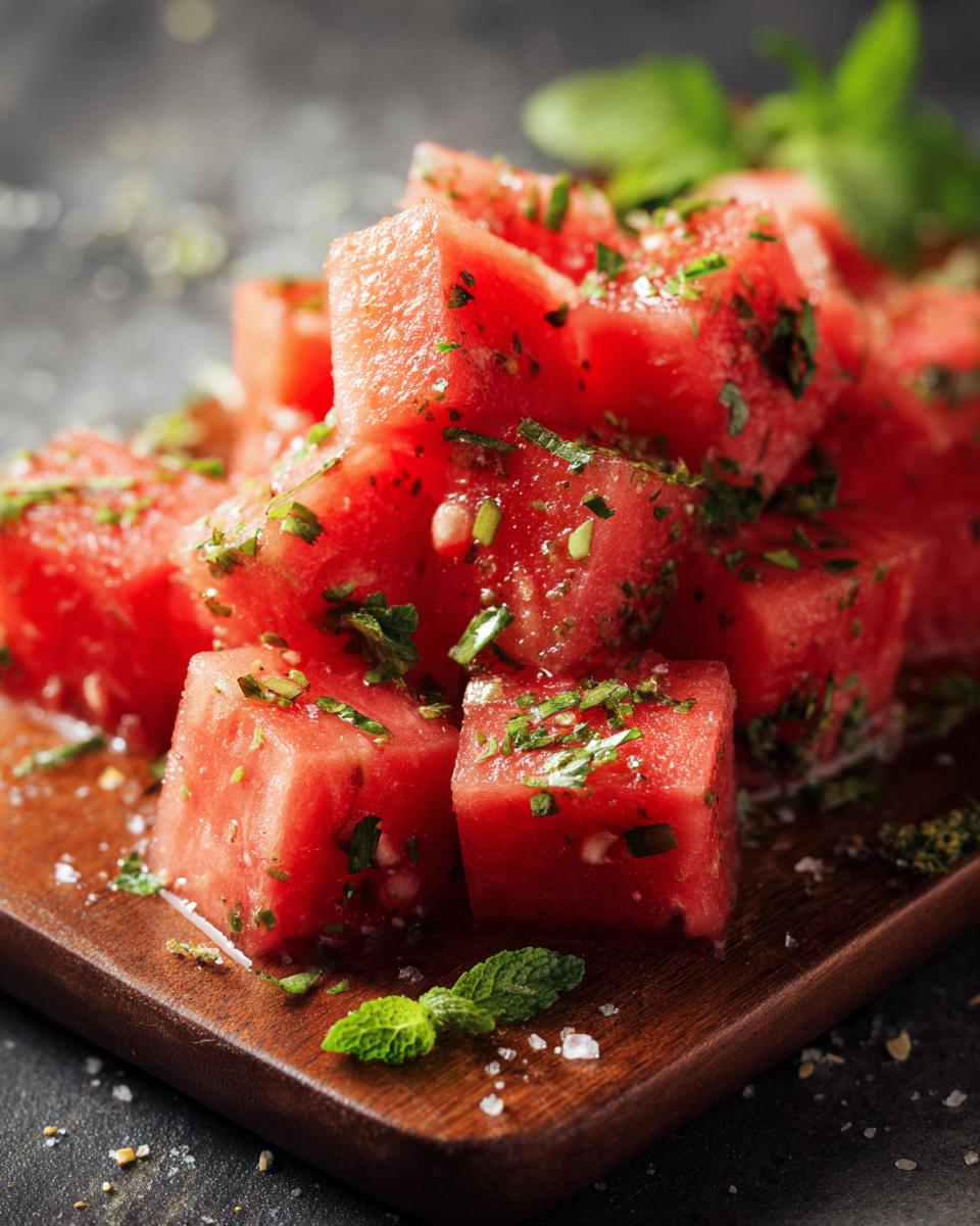 Close-up of cubed Watermelon Salad with fresh mint and herbs on a wooden board.