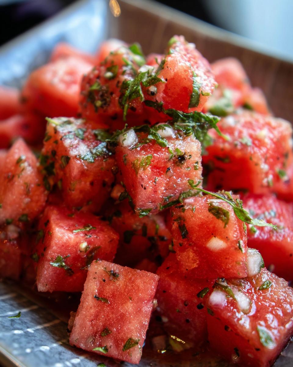 Close-up of cubed Watermelon Salad with fresh mint and a light dressing, served on a blue plate.