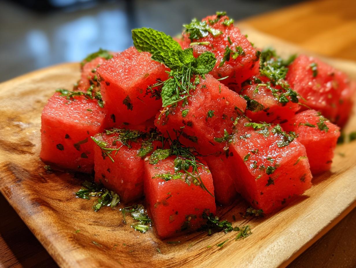 Close-up of cubed watermelon salad with fresh mint and herbs on a wooden plate.