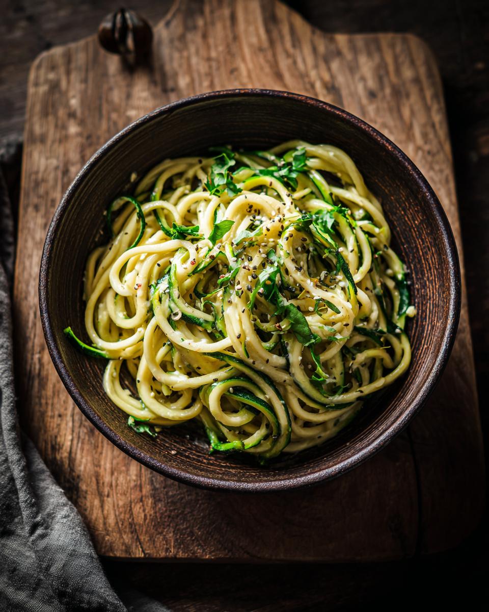 Overhead shot of a bowl of Zucchini Zoodle Pasta, garnished with herbs and seeds on a wooden board.