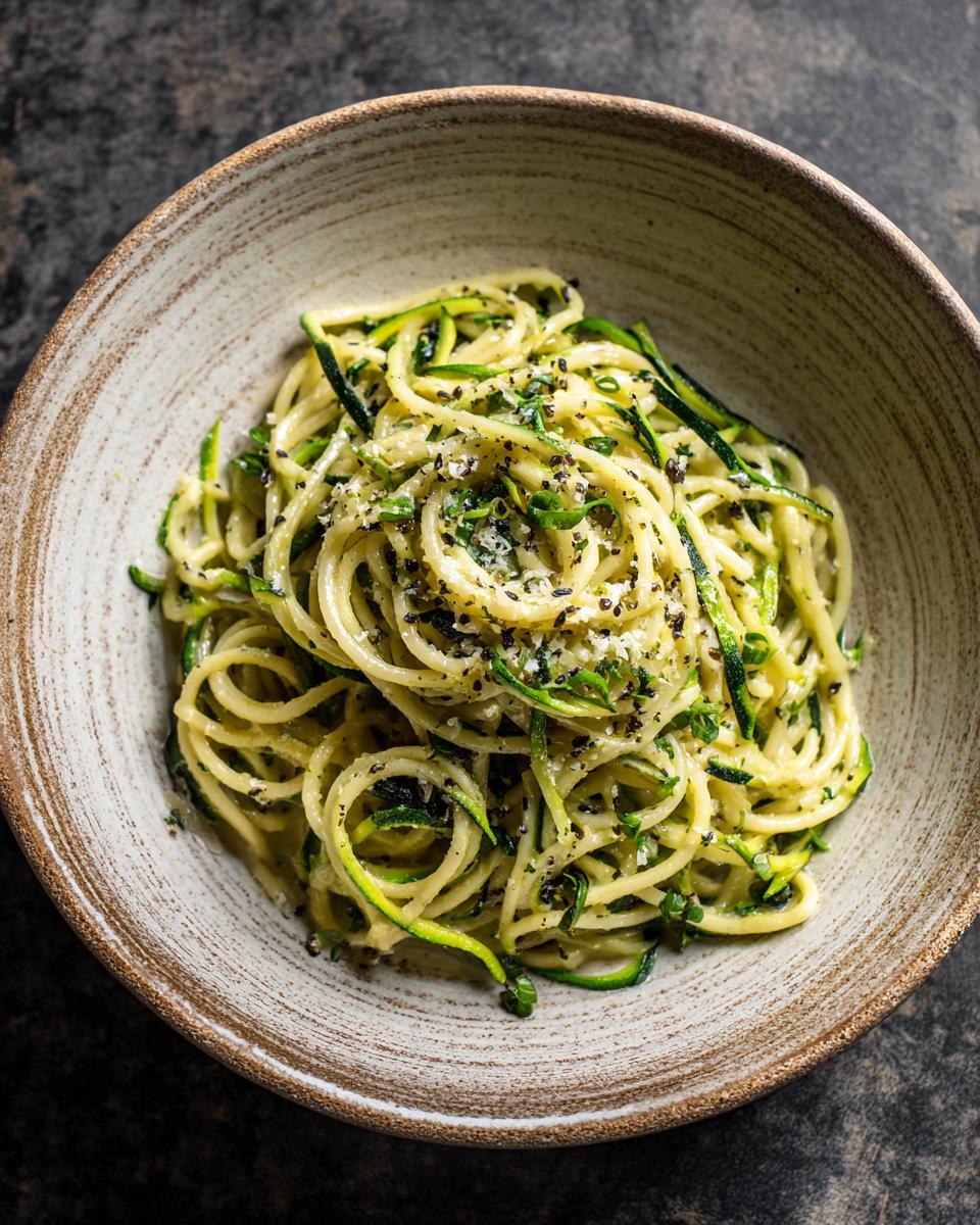 Overhead view of a bowl filled with Zucchini Zoodle Pasta, topped with herbs and parmesan cheese.