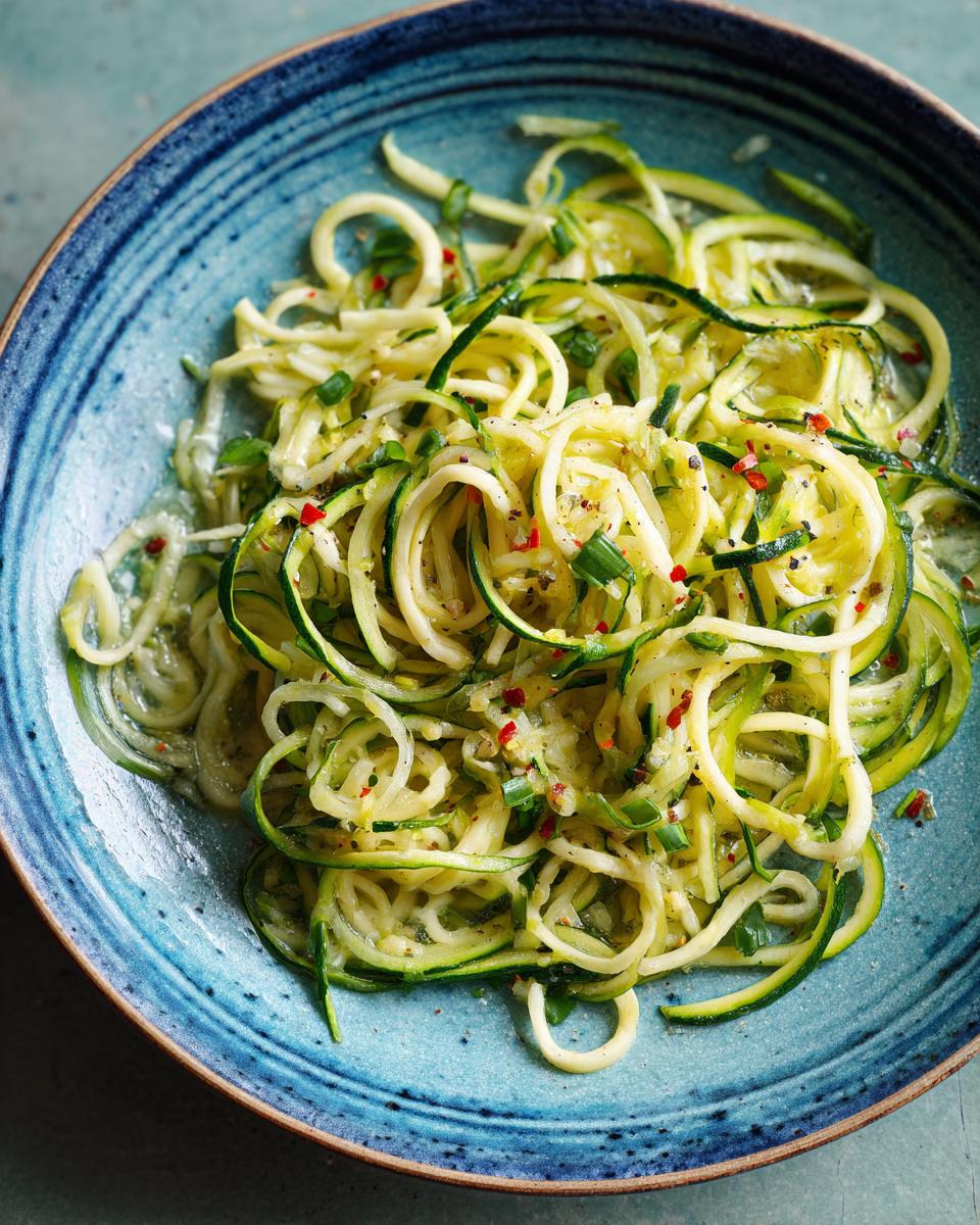 Overhead shot of vibrant Zucchini Zoodle Pasta in a blue bowl, garnished with herbs and spices.