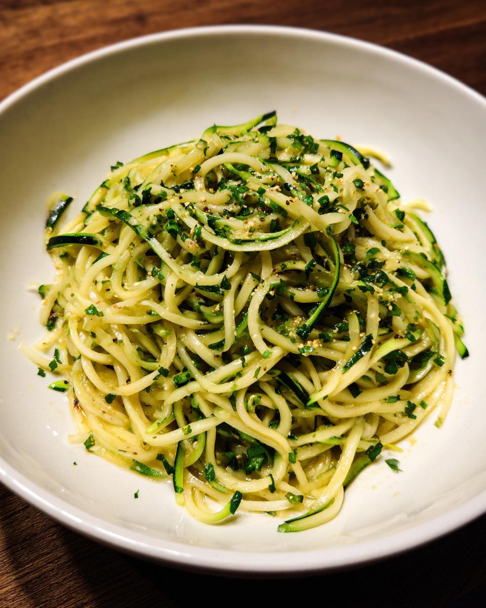 A bowl of fresh zucchini zoodle pasta, topped with herbs and seasonings. Ready to eat Zucchini Zoodle Pasta.