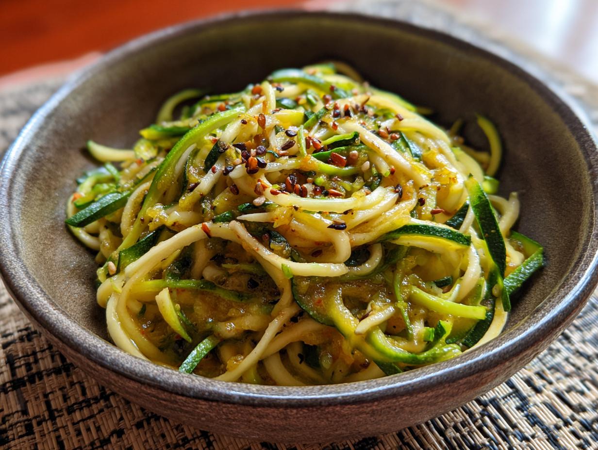 A bowl of fresh zucchini zoodle pasta, topped with seasonings and ready to eat.