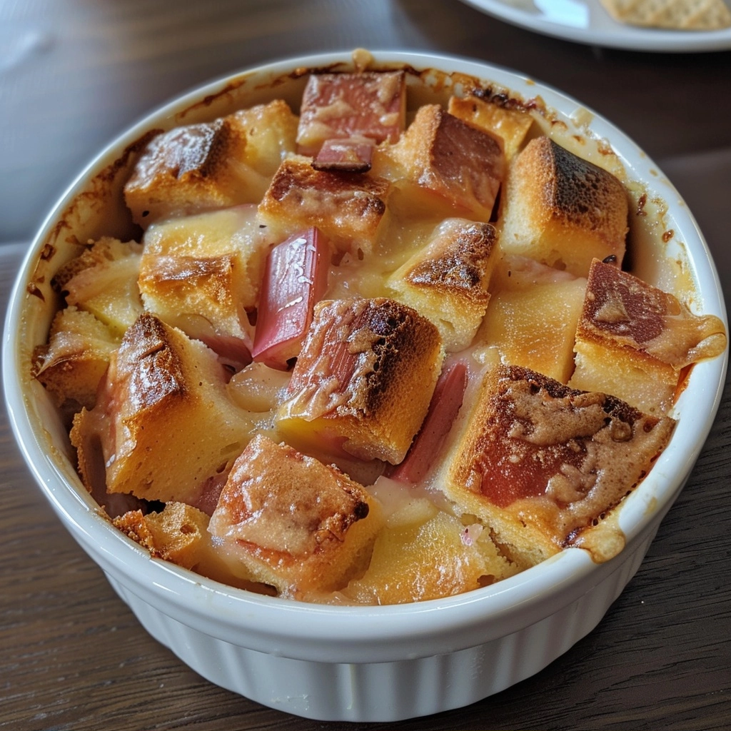 Delicious Rhubarb Bread and Butter Pudding