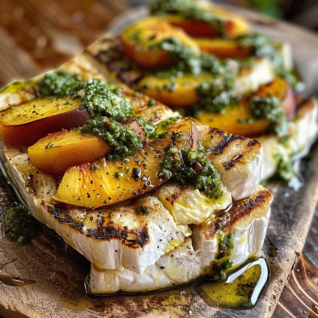 Grilled Brie with Peaches and Pesto